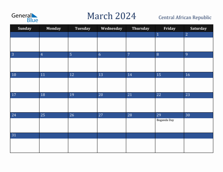 March 2024 Central African Republic Calendar (Sunday Start)