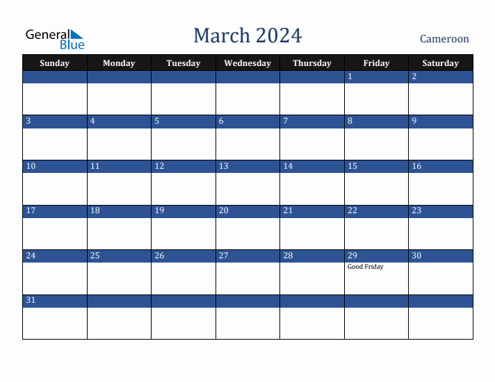 March 2024 Cameroon Calendar (Sunday Start)
