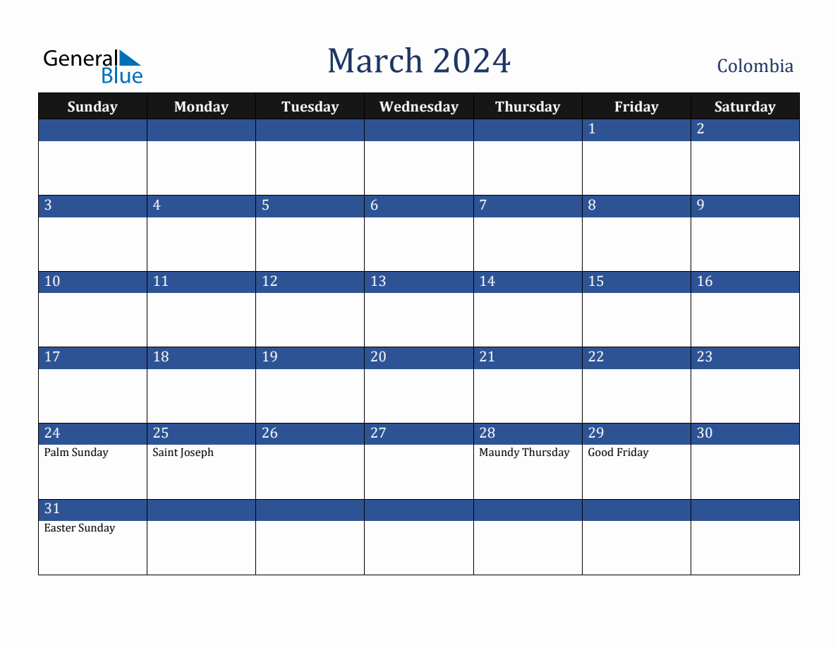 March 2024 Colombia Holiday Calendar