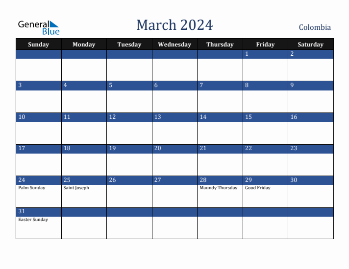 March 2024 Colombia Calendar (Sunday Start)
