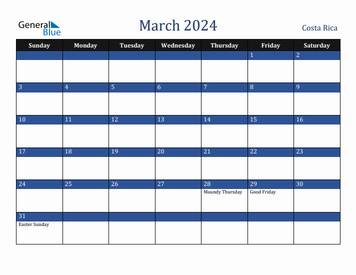 March 2024 Costa Rica Calendar (Sunday Start)