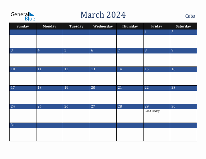 March 2024 Cuba Calendar (Sunday Start)