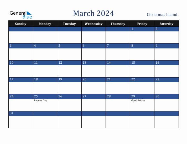 March 2024 Christmas Island Calendar (Sunday Start)