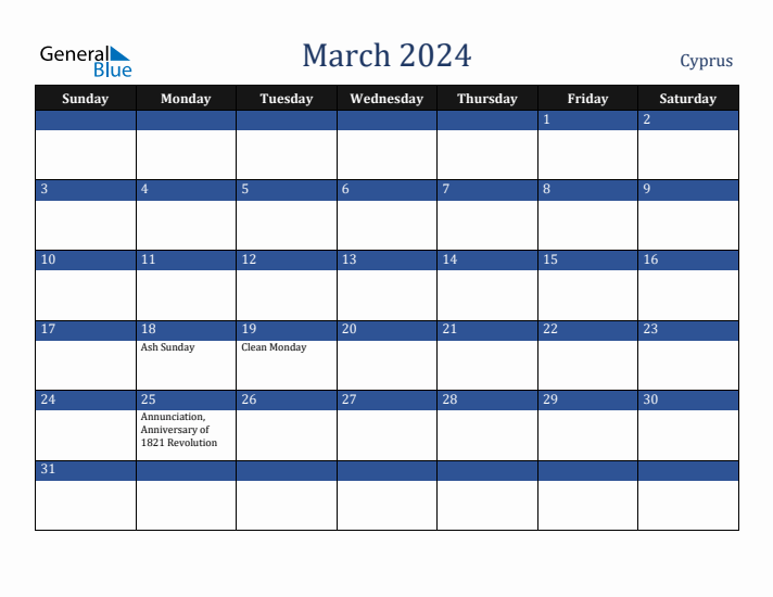 March 2024 Monthly Calendar with Cyprus Holidays