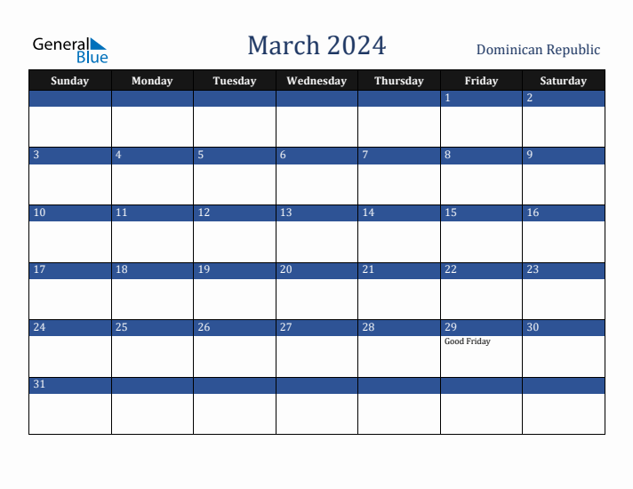 March 2024 Dominican Republic Calendar (Sunday Start)