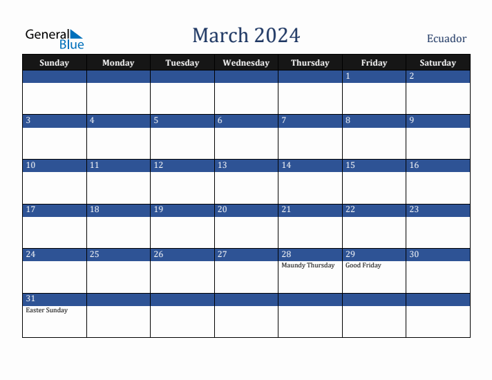 March 2024 Ecuador Calendar (Sunday Start)