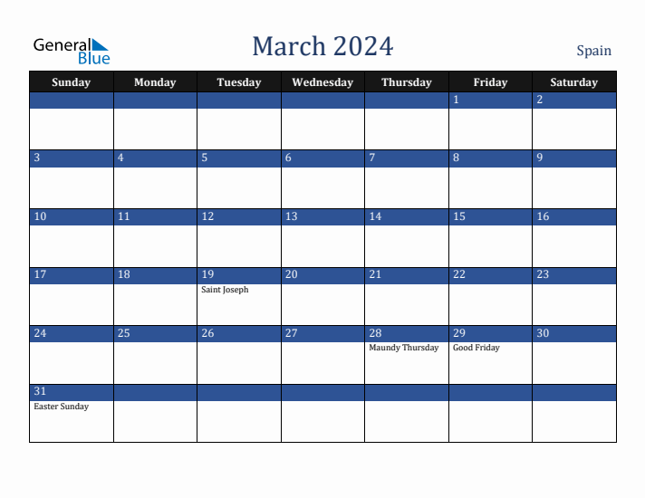 March 2024 Spain Calendar (Sunday Start)
