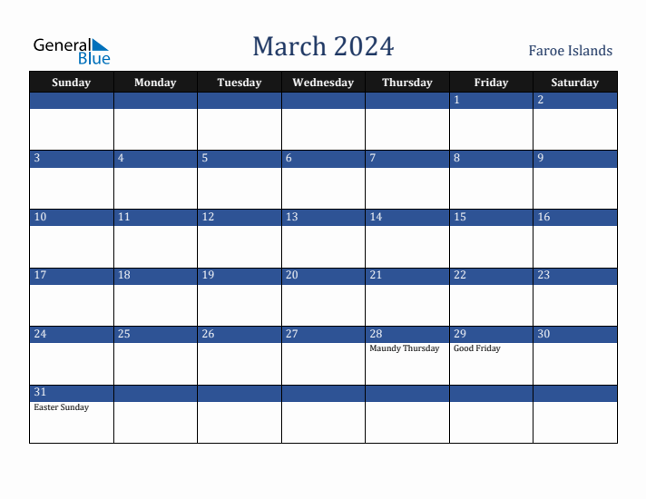 March 2024 Faroe Islands Calendar (Sunday Start)