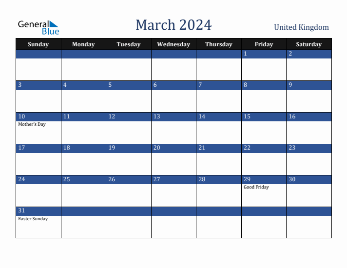 March 2024 United Kingdom Calendar (Sunday Start)