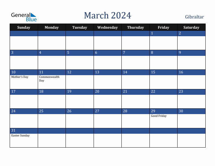 March 2024 Gibraltar Calendar (Sunday Start)