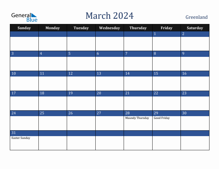 March 2024 Greenland Calendar (Sunday Start)