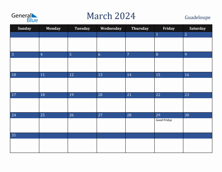 March 2024 Guadeloupe Calendar (Sunday Start)