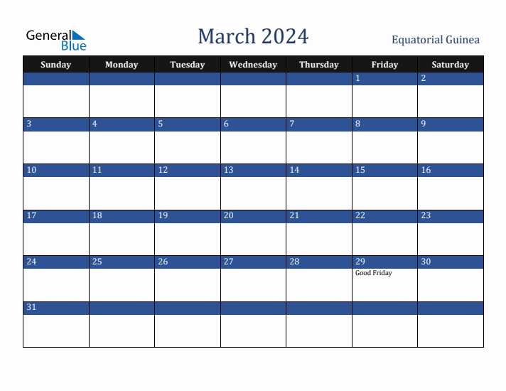 March 2024 Equatorial Guinea Calendar (Sunday Start)