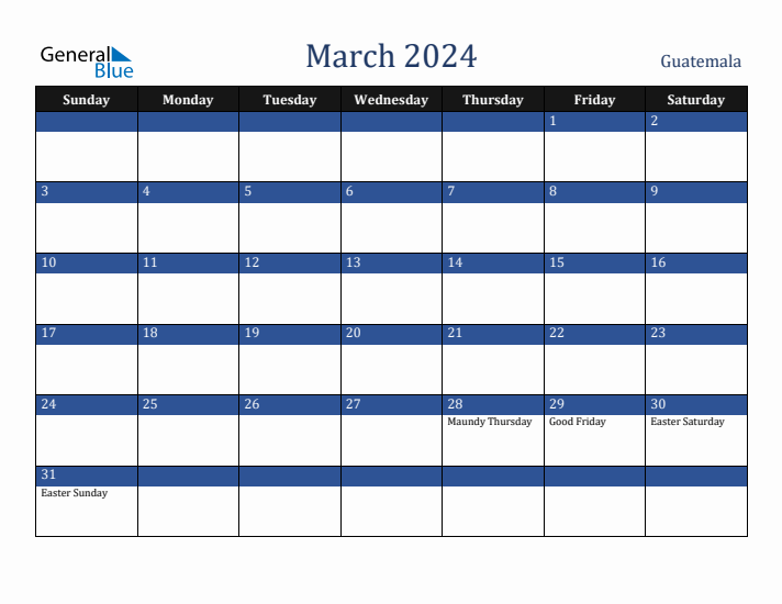 March 2024 Guatemala Calendar (Sunday Start)