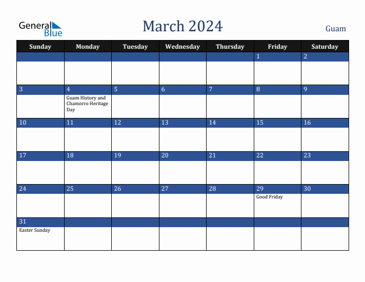 March 2024 Guam Calendar (Sunday Start)