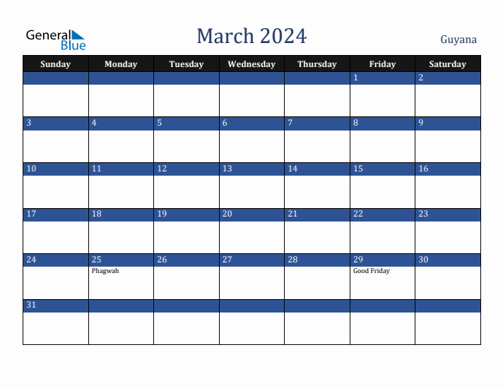 March 2024 Guyana Calendar (Sunday Start)