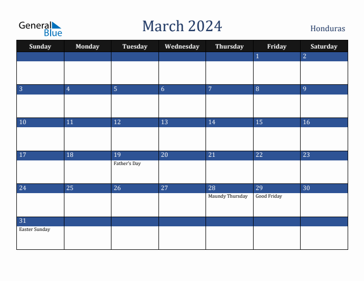 March 2024 Honduras Calendar (Sunday Start)