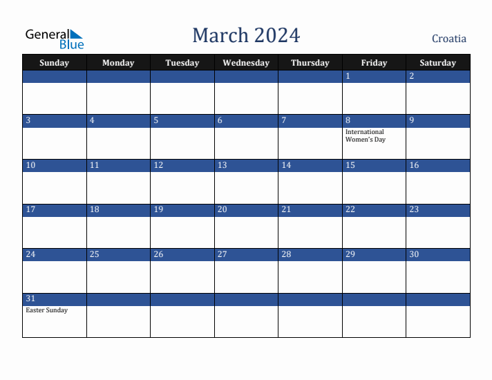 March 2024 Croatia Calendar (Sunday Start)