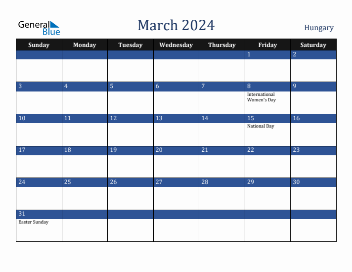 March 2024 Hungary Calendar (Sunday Start)