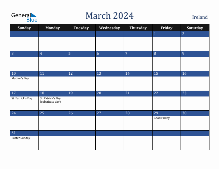 March 2024 Monthly Calendar with Ireland Holidays