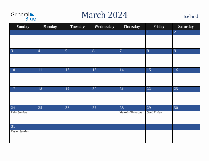 March 2024 Iceland Calendar (Sunday Start)