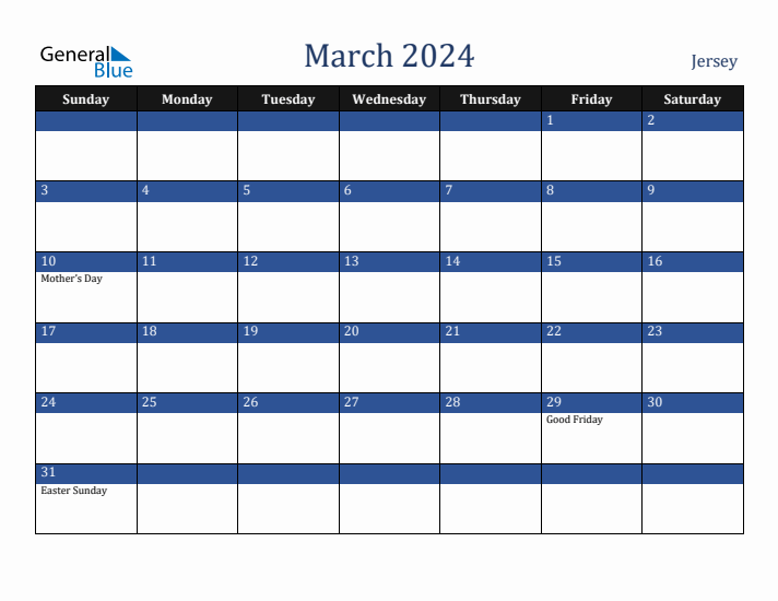 March 2024 Jersey Calendar (Sunday Start)