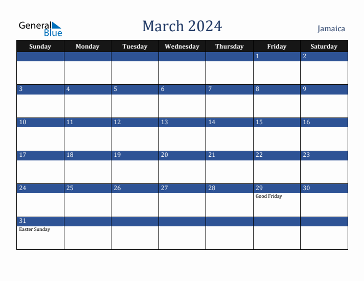 March 2024 Jamaica Calendar (Sunday Start)