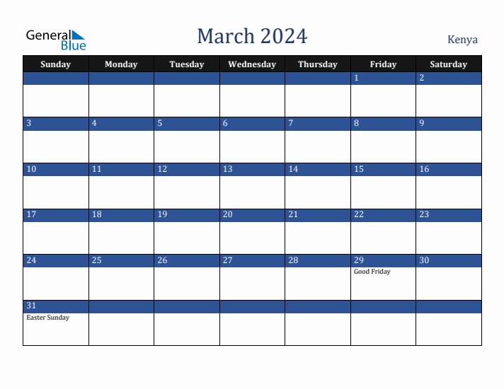 March 2024 Kenya Calendar (Sunday Start)