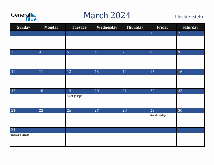 March 2024 Liechtenstein Calendar (Sunday Start)