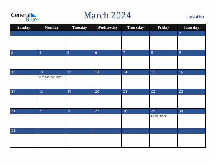 March 2024 Lesotho Calendar (Sunday Start)