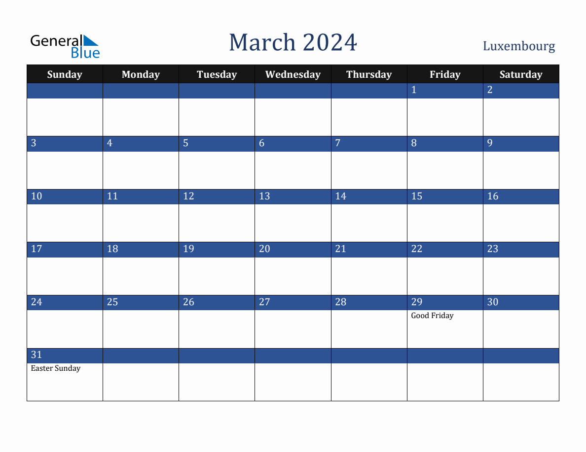 March 2024 Luxembourg Holiday Calendar