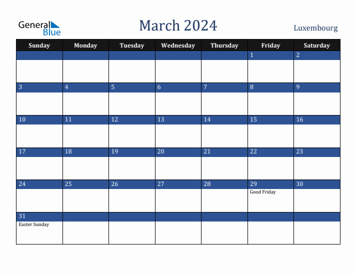 March 2024 Luxembourg Calendar (Sunday Start)