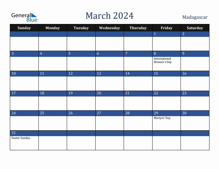 March 2024 Madagascar Calendar (Sunday Start)