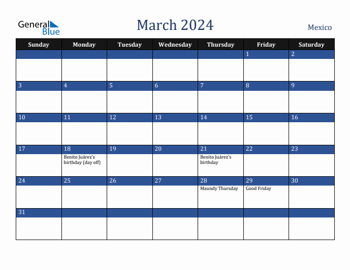 March 2024 Mexico Calendar (Sunday Start)