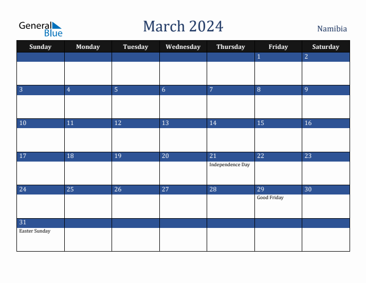 March 2024 Monthly Calendar with Namibia Holidays