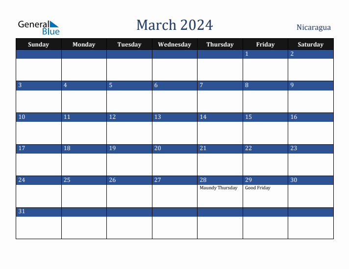 March 2024 Nicaragua Calendar (Sunday Start)