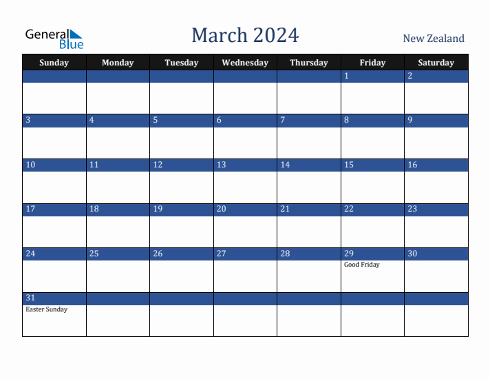 March 2024 New Zealand Calendar (Sunday Start)