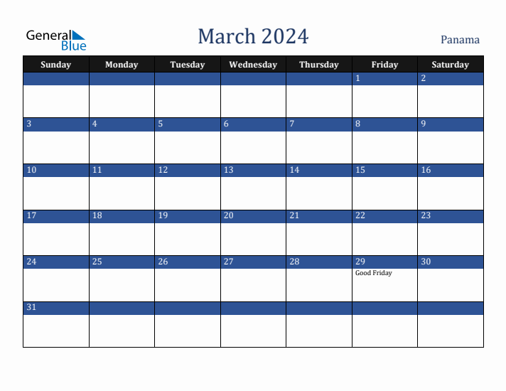 March 2024 Panama Calendar (Sunday Start)