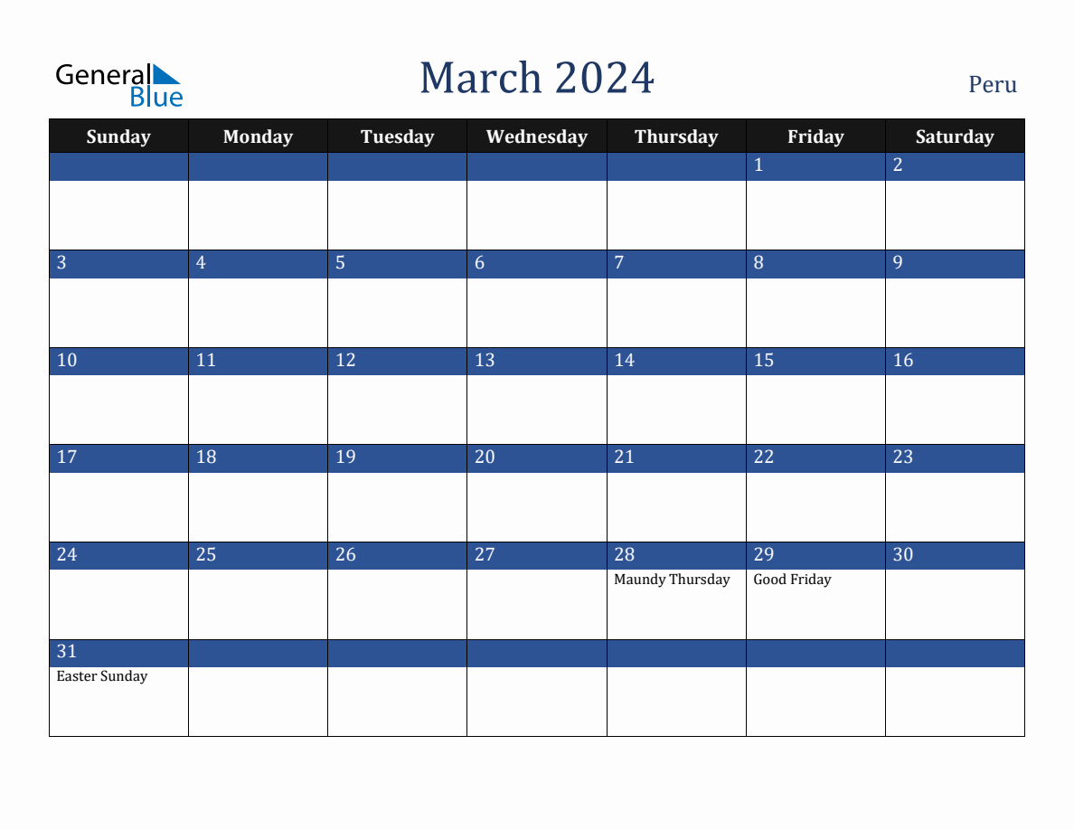 March 2024 Peru Holiday Calendar