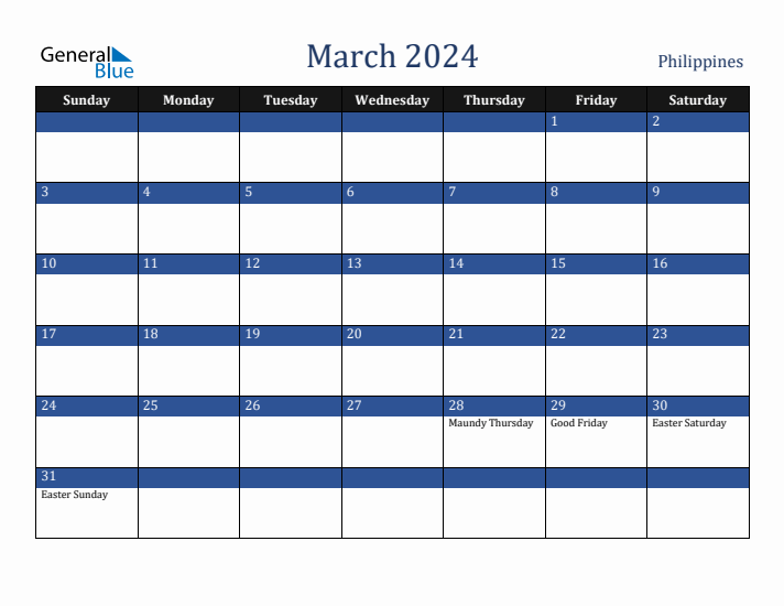 March 2024 Philippines Calendar (Sunday Start)