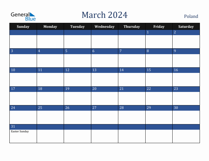 March 2024 Poland Calendar (Sunday Start)