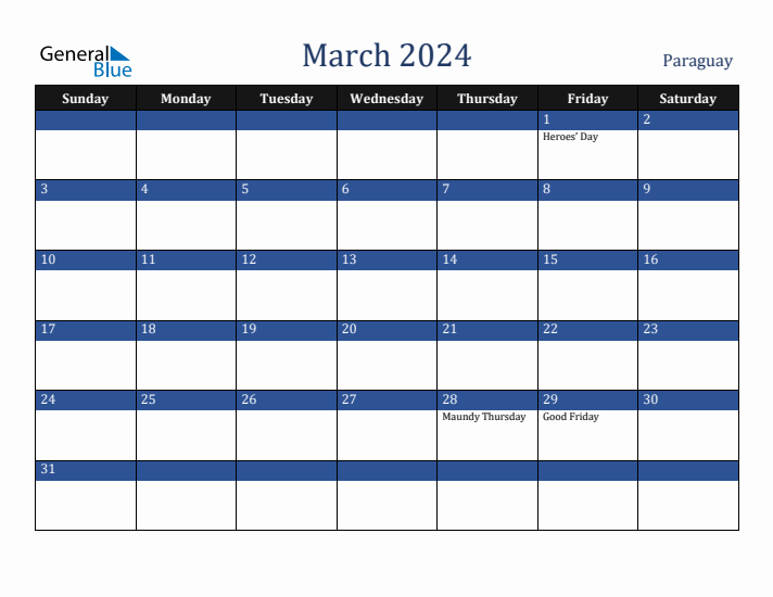 March 2024 Paraguay Calendar (Sunday Start)