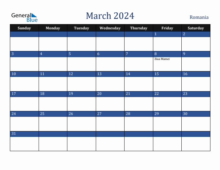 March 2024 Romania Calendar (Sunday Start)