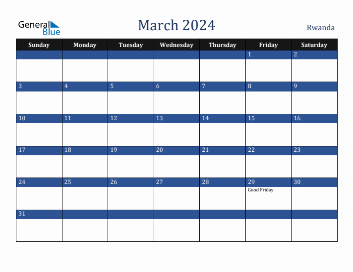 March 2024 Rwanda Calendar (Sunday Start)