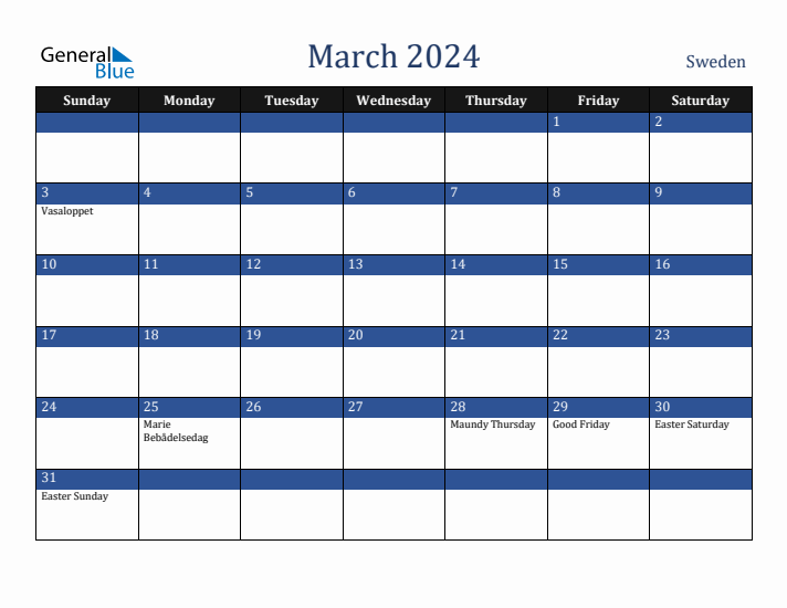 March 2024 Sweden Calendar (Sunday Start)
