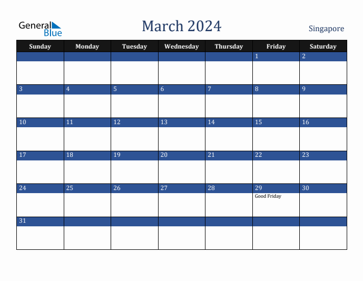 March 2024 Singapore Calendar (Sunday Start)