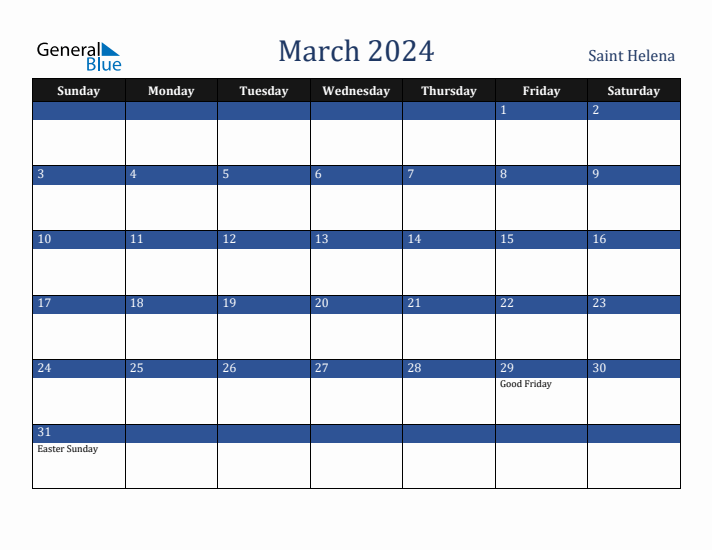 March 2024 Saint Helena Calendar (Sunday Start)