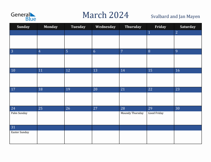 March 2024 Svalbard and Jan Mayen Calendar (Sunday Start)