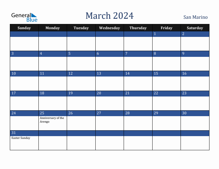 March 2024 San Marino Calendar (Sunday Start)