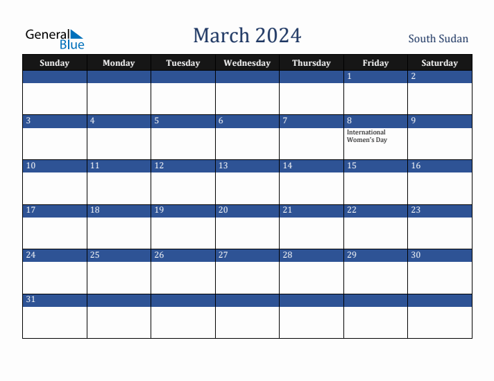 March 2024 South Sudan Calendar (Sunday Start)